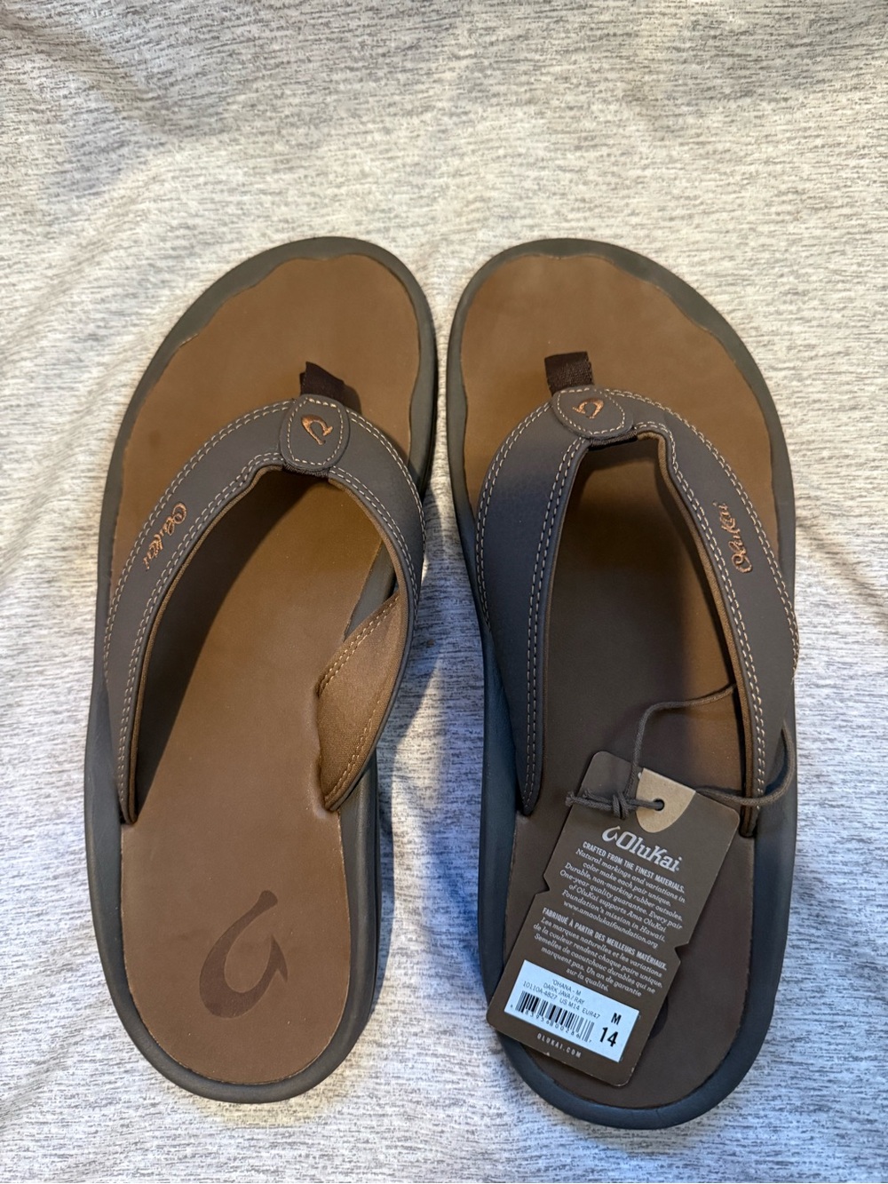 OluKai Men’s Brown and Dark Brown Leather Flip-Flops size 14